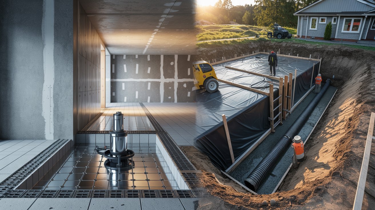 Interior sump pump waterproofing compared with exterior foundation excavation and waterproof membrane installation work