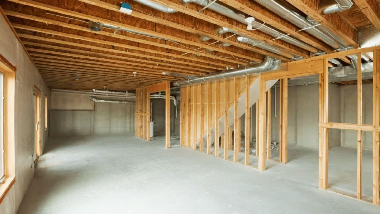 Unfinished basement with exposed ceiling joists, ductwork, and framing walls showing initial stage of basement finishing cost projects.
