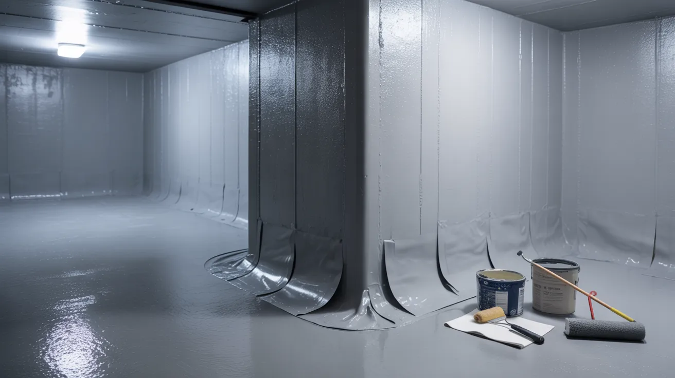 Basement walls and floors coated with waterproof sealant for moisture protection.