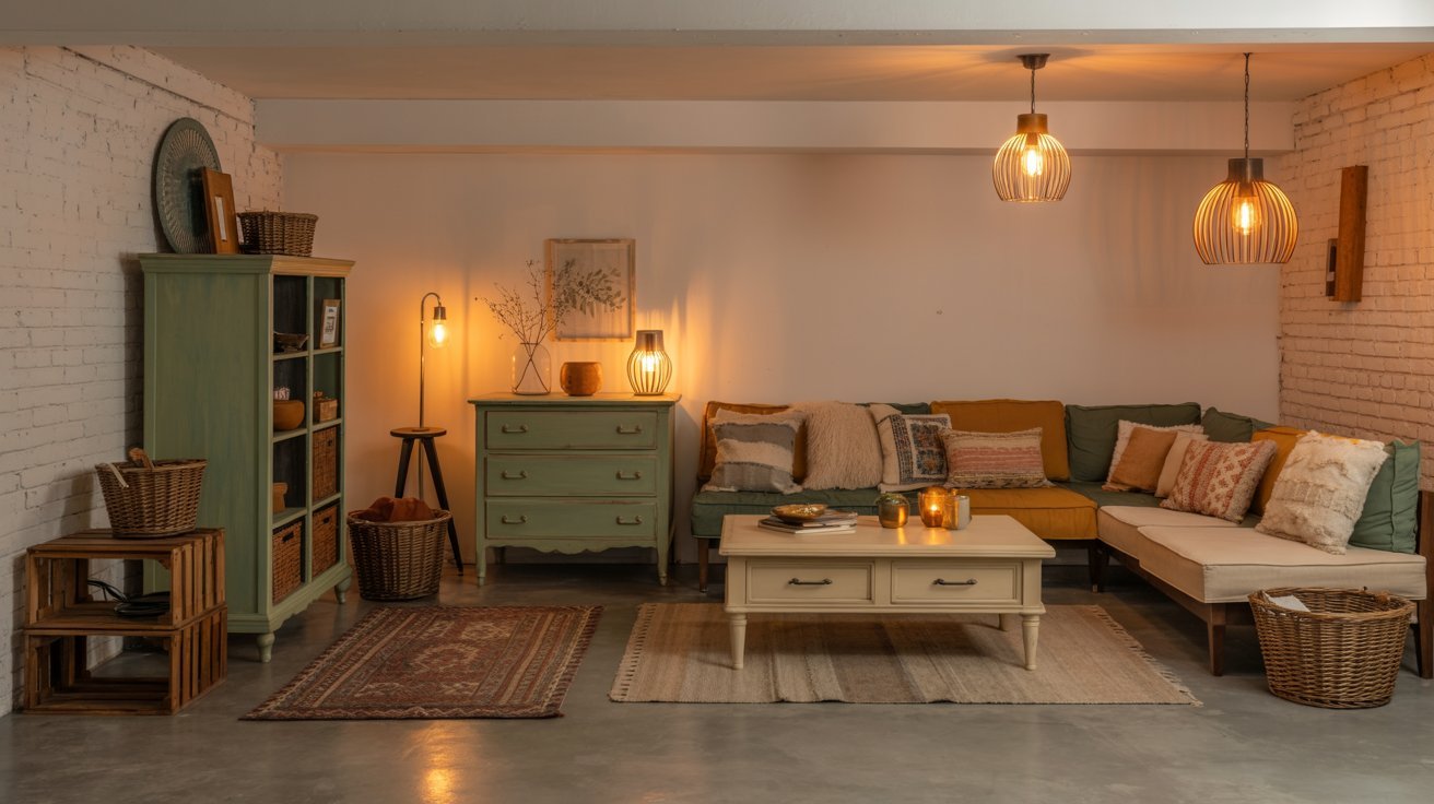 Basement with refinished painted furniture, cozy decor, and affordable DIY renovation design