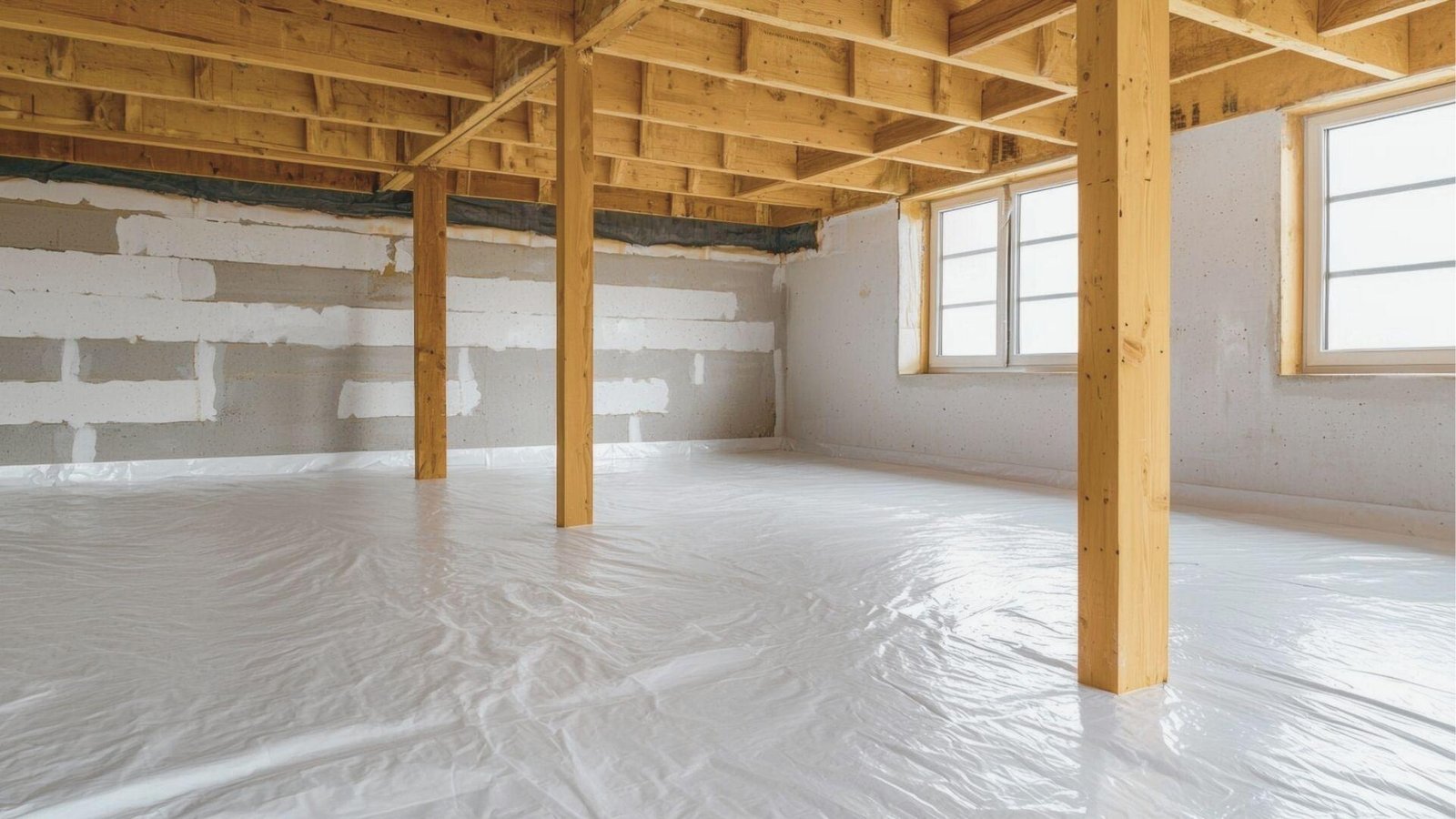 Unfinished basement with white vapor barrier sheeting installed across the floor and partially up concrete walls.