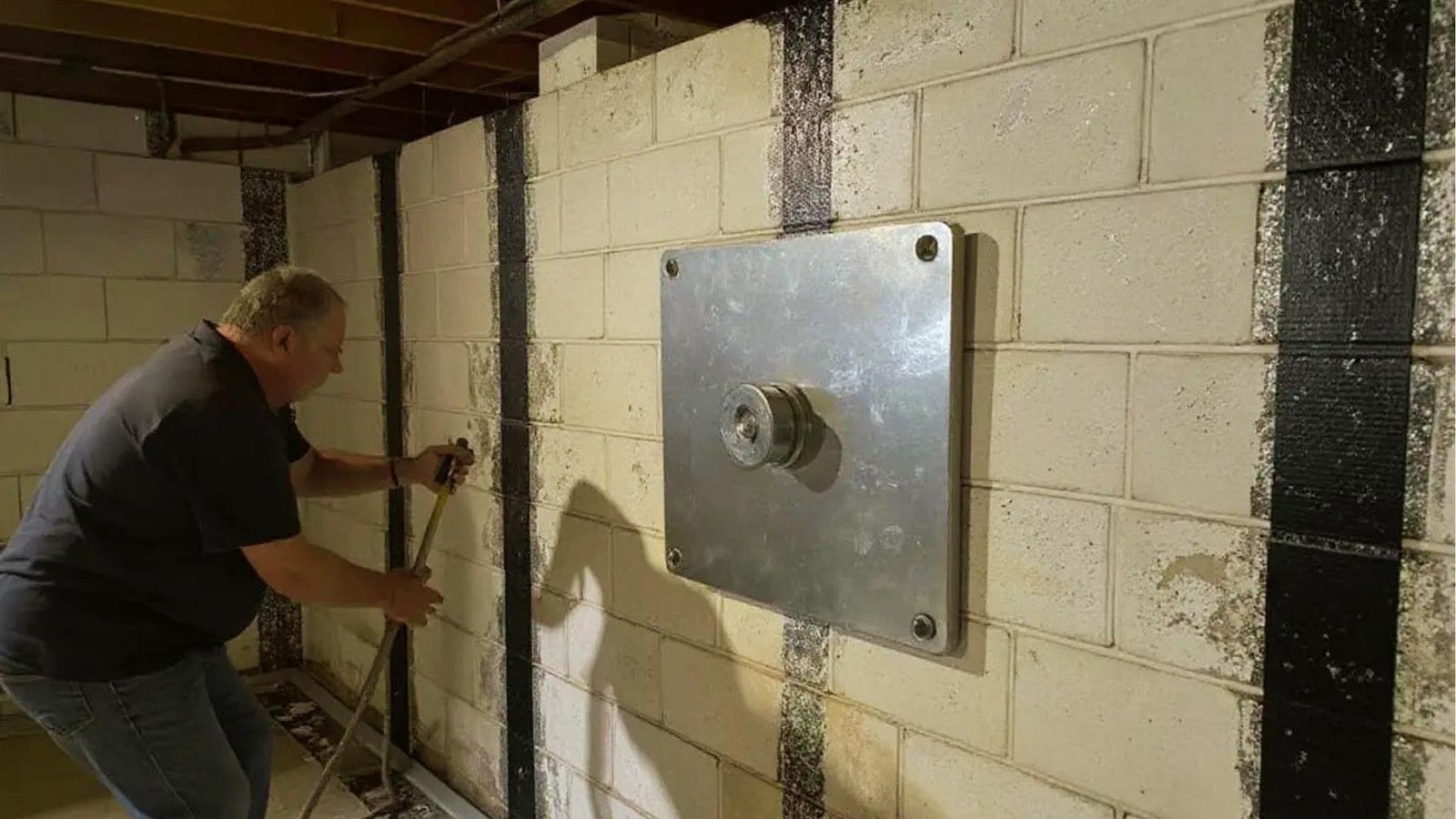Contractor installs carbon fiber straps and large square steel wall anchor plate on white block basement wall to stop bowing.