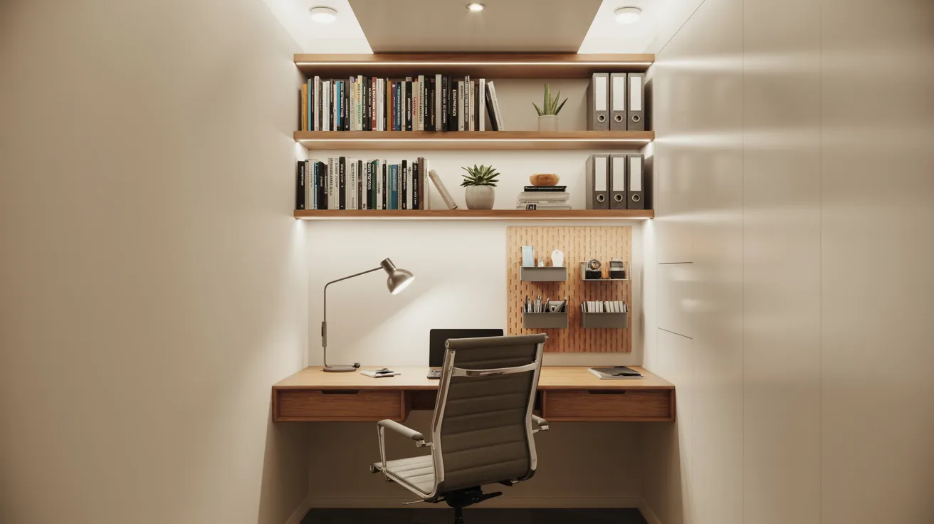 Realistic compact basement home office with desk, shelves, pegboard storage, and clean organized workspace layout.