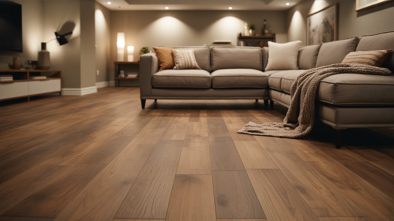 Basement featuring luxury vinyl plank flooring, cozy seating, warm lighting, and affordable modern renovation