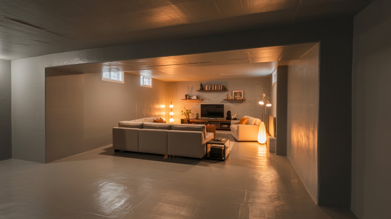 Budget-friendly finished basement with cozy seating, painted floors, warm lighting, and affordable modern farmhouse decor