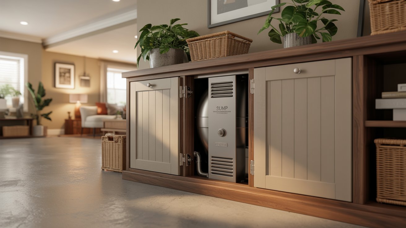 Low sideboard with panel doors conceals basement sump pump while blending into modern decor