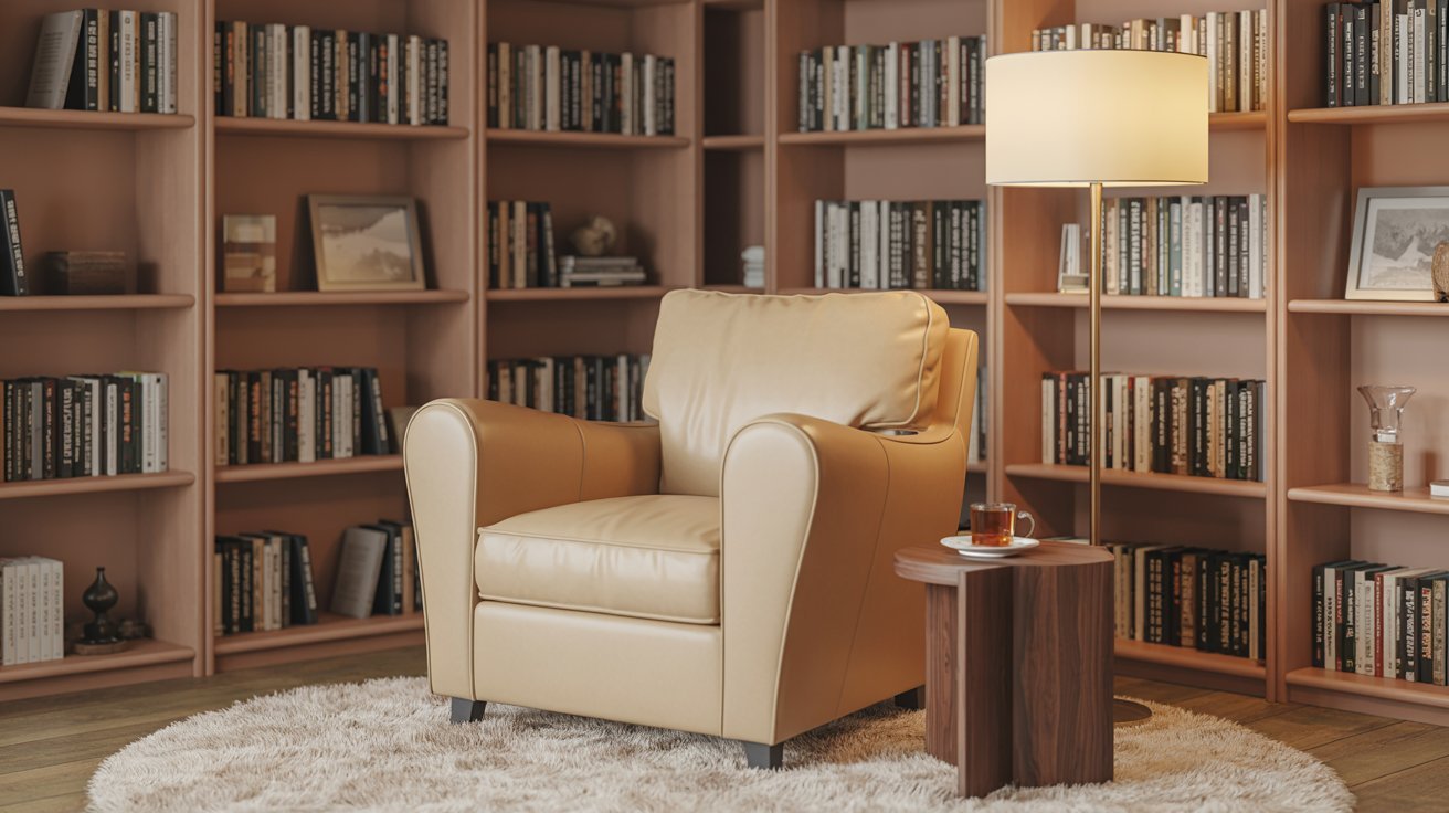 Cozy basement reading nook with armchair, bookshelf, warm lamp lighting, and peaceful atmosphere