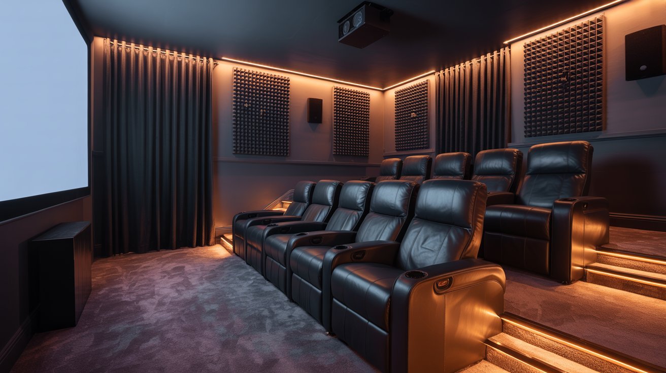 "High-end cinema style basement with stadium seating, projector screen, surround sound, and luxury theater design."