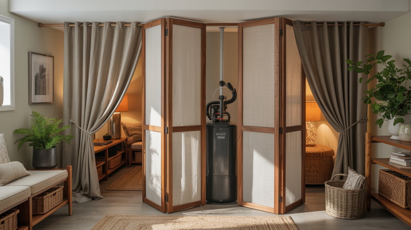 Room divider screen and curtains disguise basement sump pump while keeping access easy and stylish