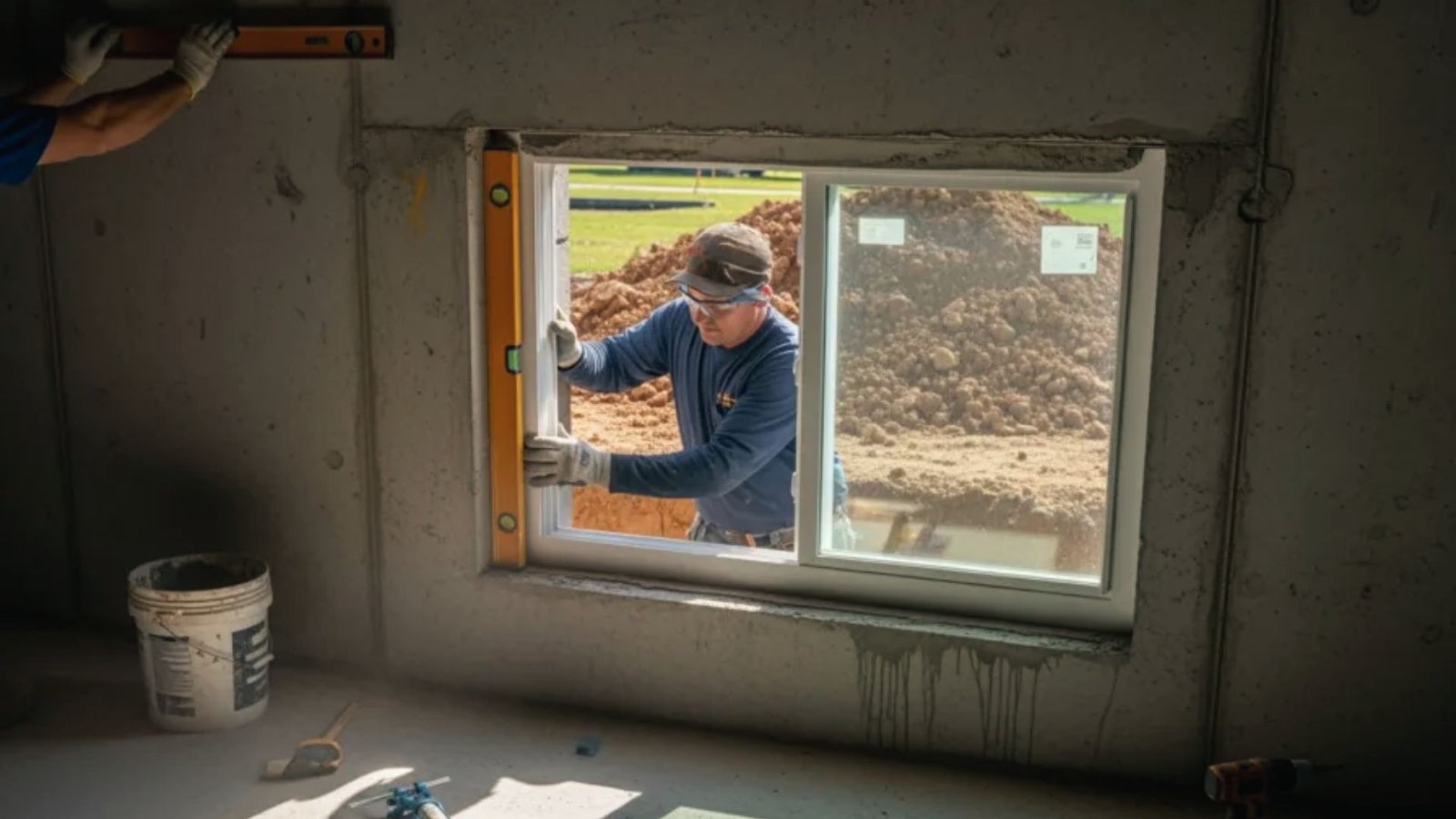 Contractors level and install new basement window frames from inside during home window upgrade.