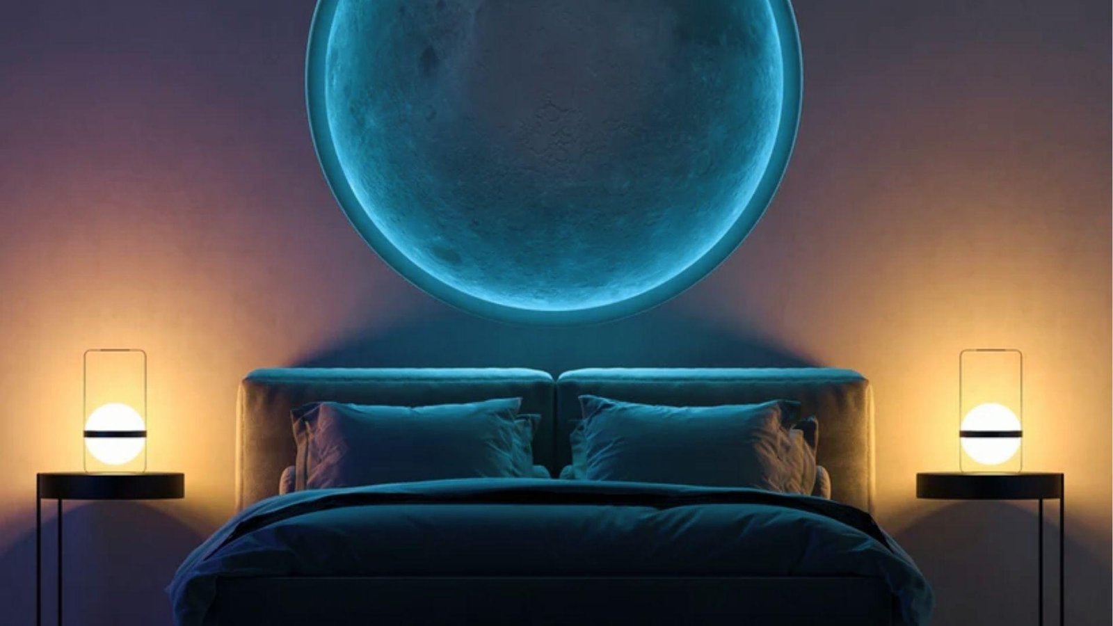 Modern basement bedroom remodel with glowing moon wall art and ambient lighting affecting total basement renovation cost estimates.