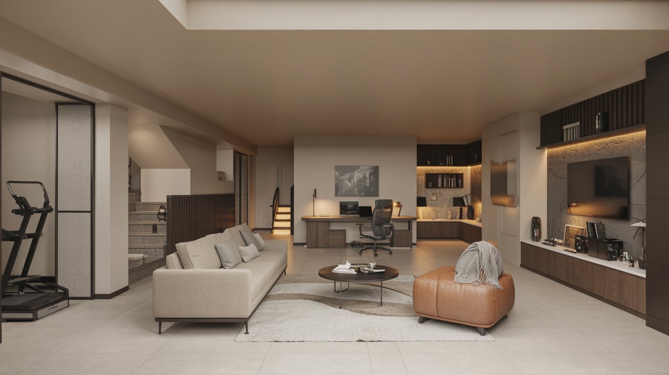Open-concept basement featuring lounge, gym, workspace, and flexible multifunctional modern design layout