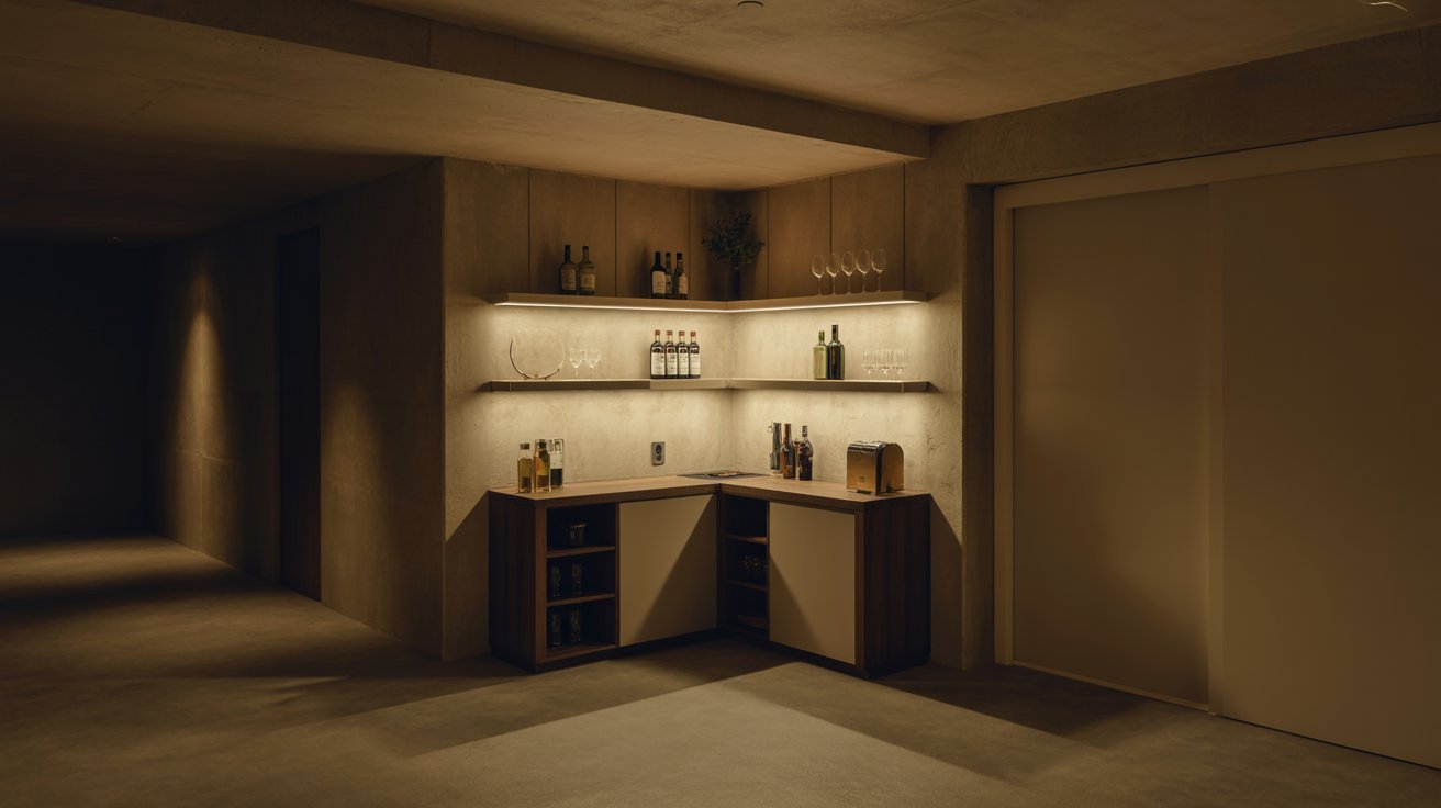 "Small corner basement bar station with compact counter, floating shelves, and warm lighting designed for a space-saving home basement setup"
