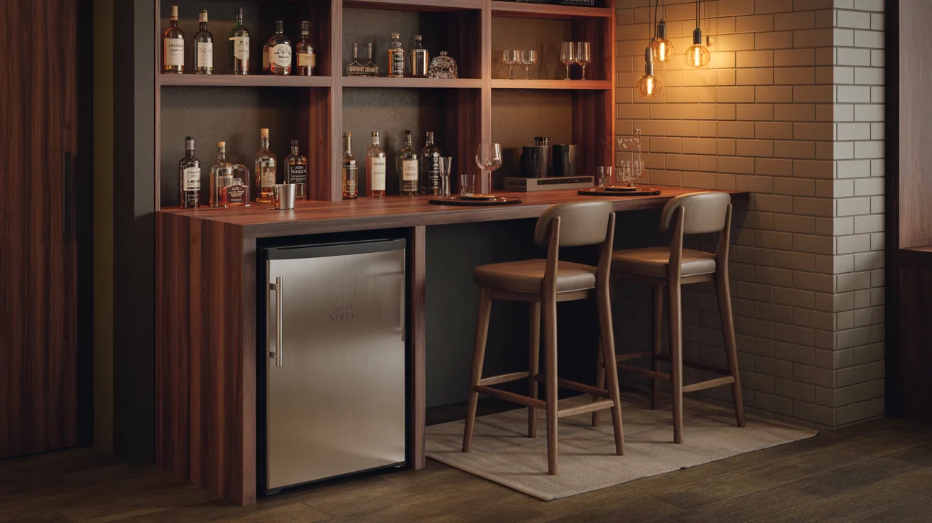 Realistic small basement bar area with counter, stools, shelving, and warm lighting for compact entertaining space.