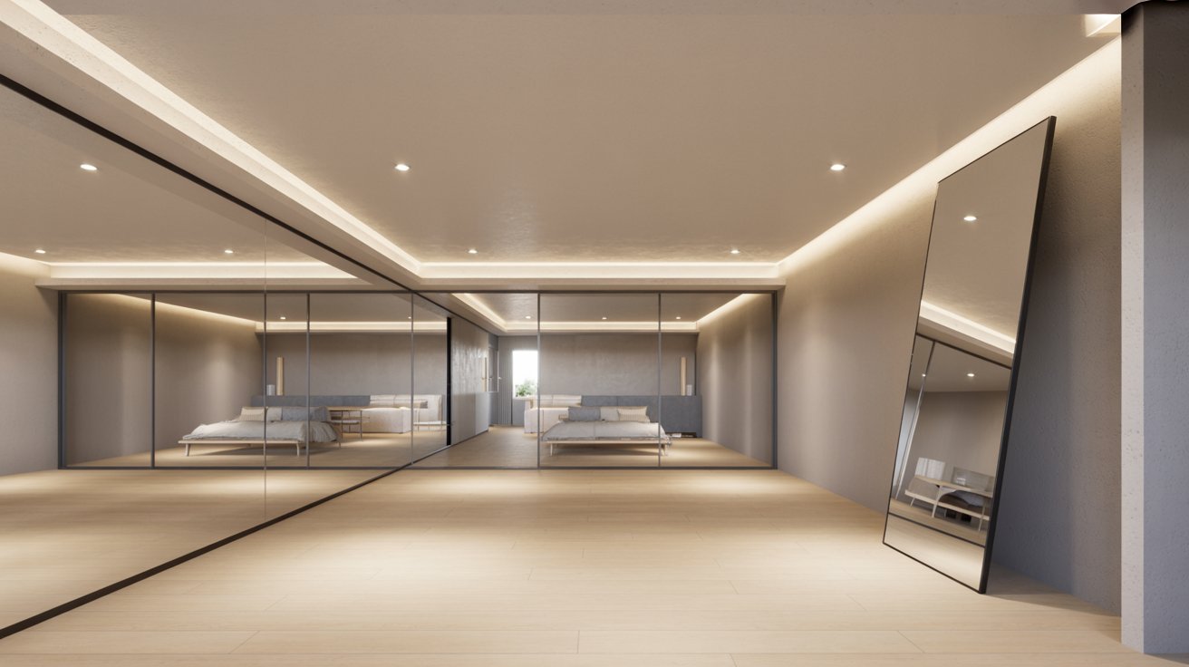 "Modern low ceiling basement with large floor to ceiling mirrors reflecting light and space to create a brighter and more open interior"