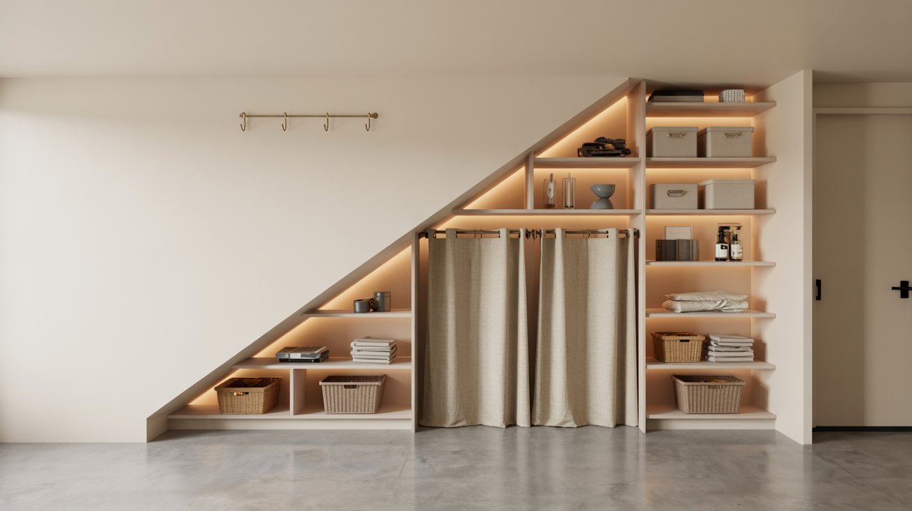 Basement under-stair storage with shelves, curtains, warm lighting, and practical affordable organization design