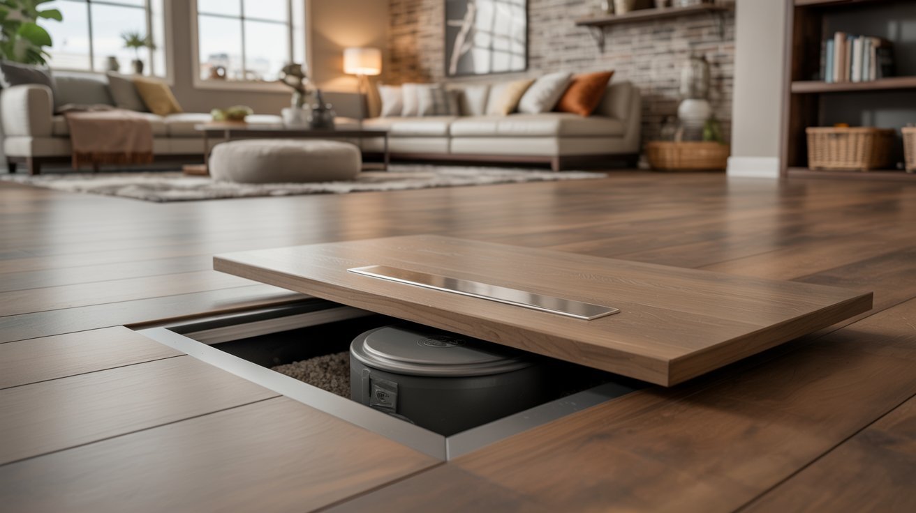 Flush wood floor hatch hides basement sump pump under planks for seamless access in living space