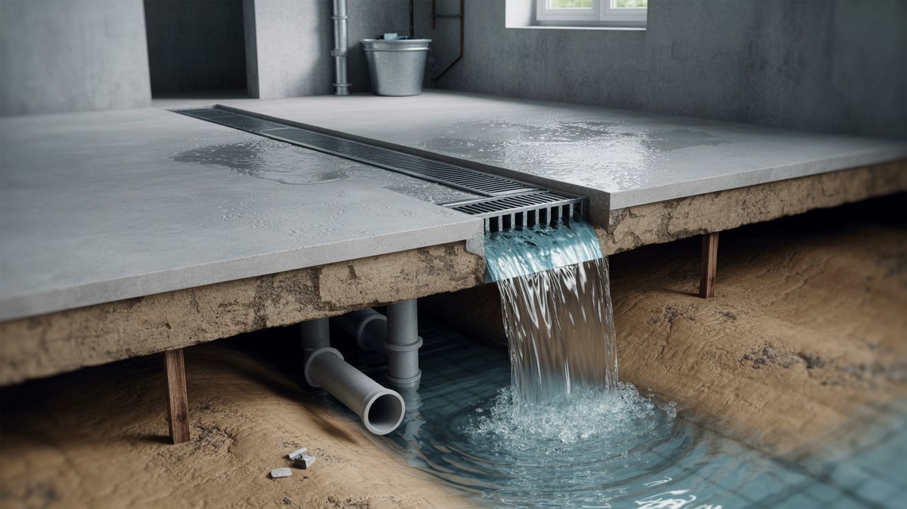 "Realistic cutaway basement floor showing drainage system with water flowing toward floor drain and underground pipes directing flow to sump system."