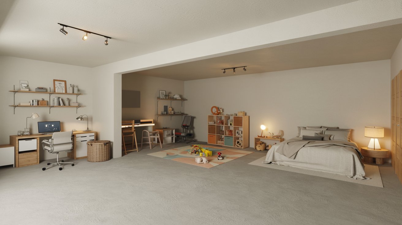 Affordable finished basement featuring office, gym, guest space, warm lighting, and practical multifunctional budget-friendly design