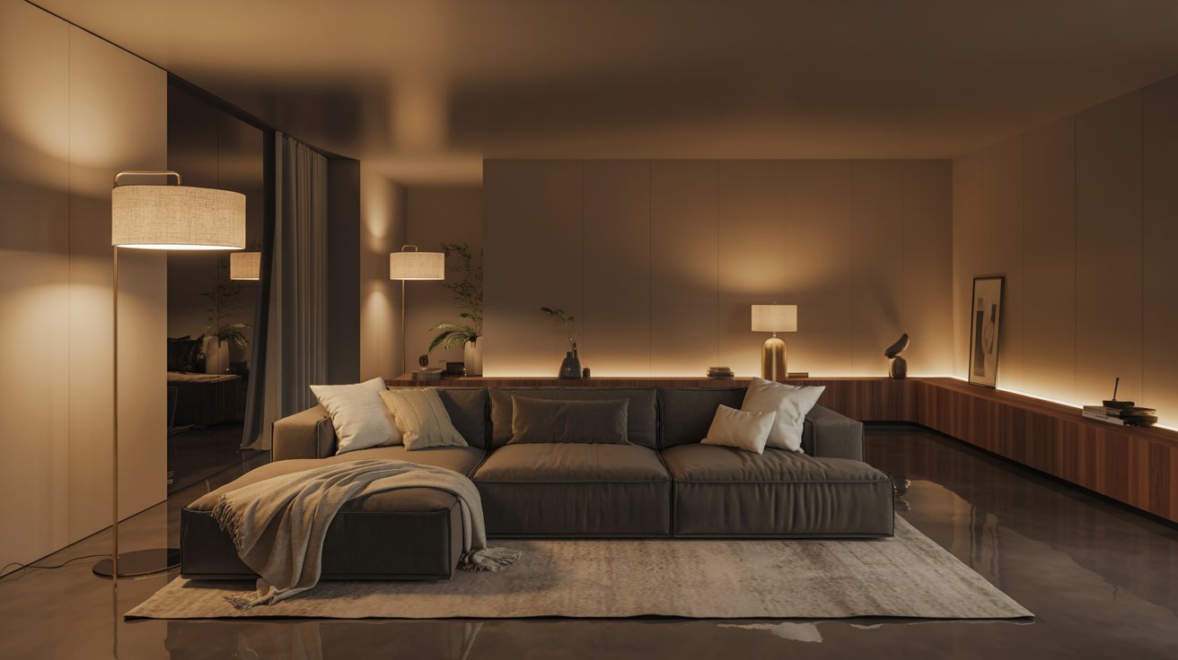 "Cozy modern basement living area with warm layered lighting, soft ambiance, and comfortable contemporary design."
