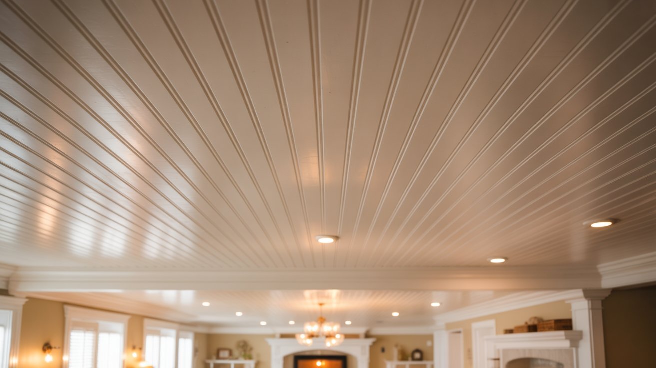 Bright white shiplap ceiling with flush-mounted lights makes a low basement feel taller and airy.