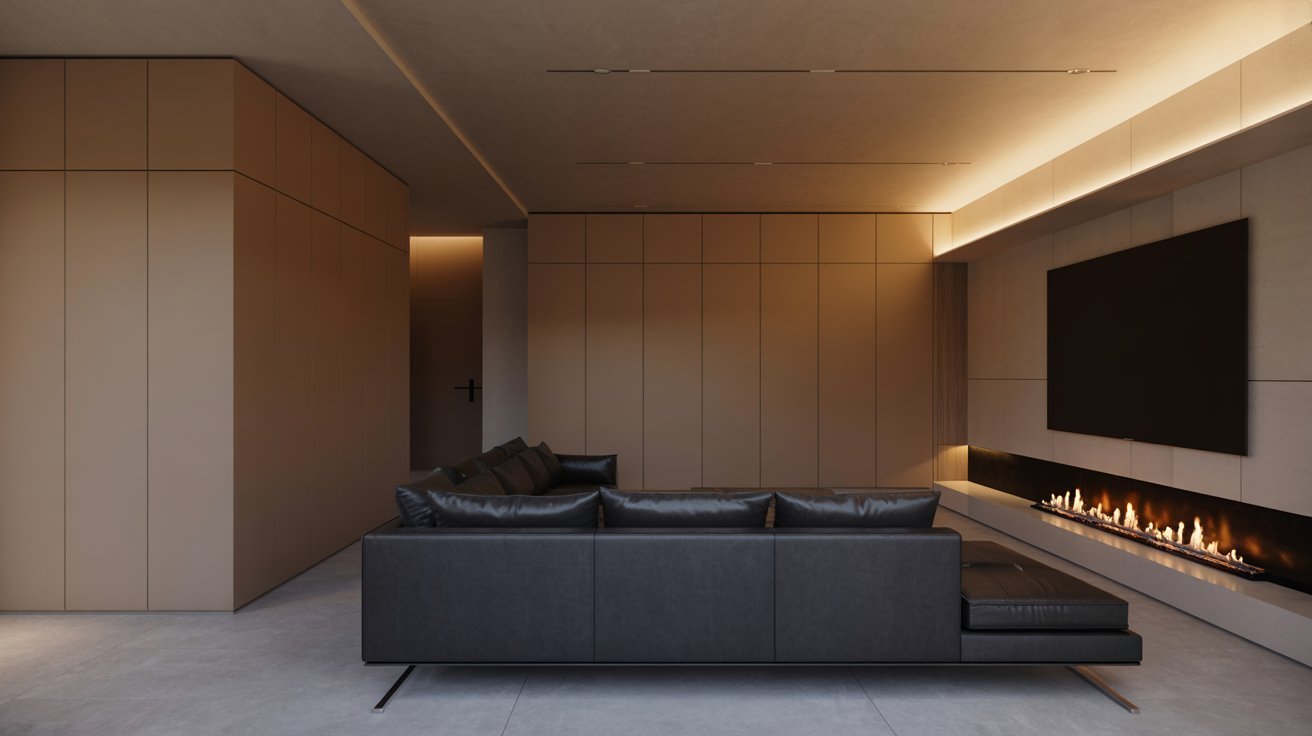 "Minimalist modern basement lounge with sleek seating, wall-mounted TV, fireplace, and clean contemporary interior design."