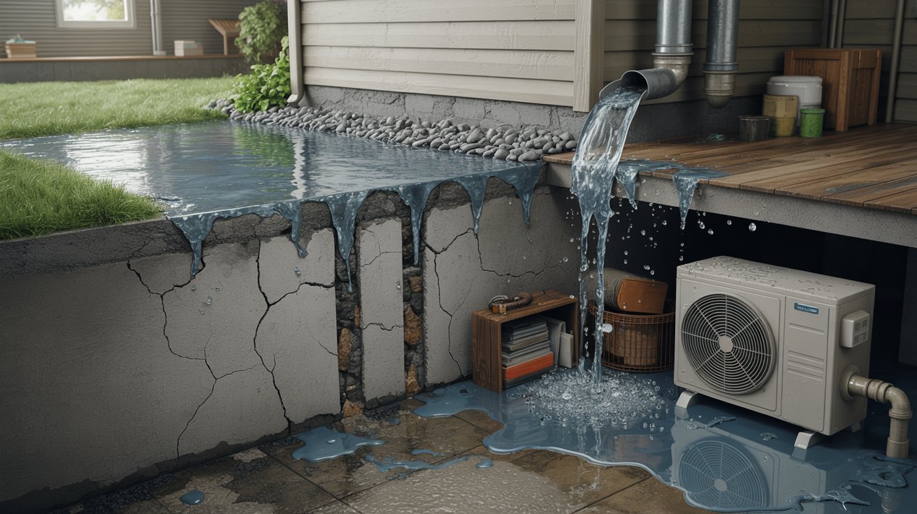 Basement leaks caused by foundation cracks, poor drainage, clogged gutters, leaking pipes, and HVAC moisture