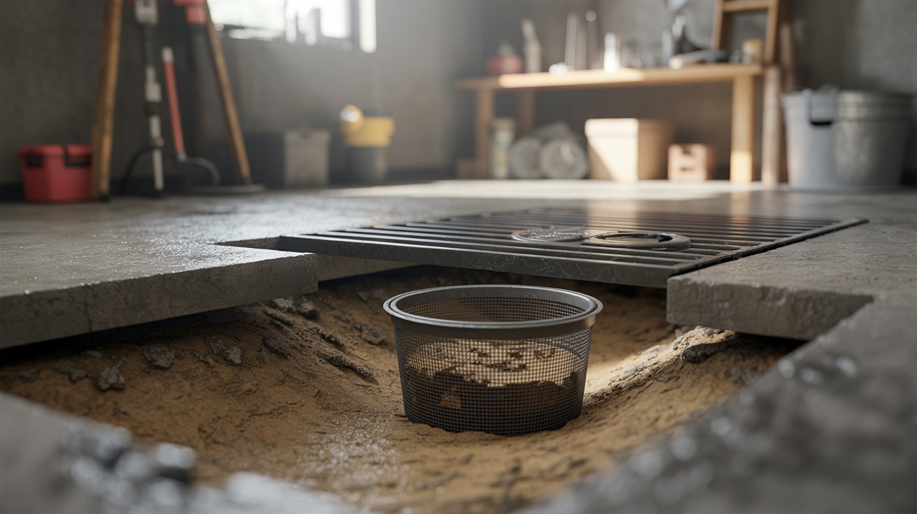"Floor drain with removable sediment bucket catching debris beneath grate in basement workshop setting."