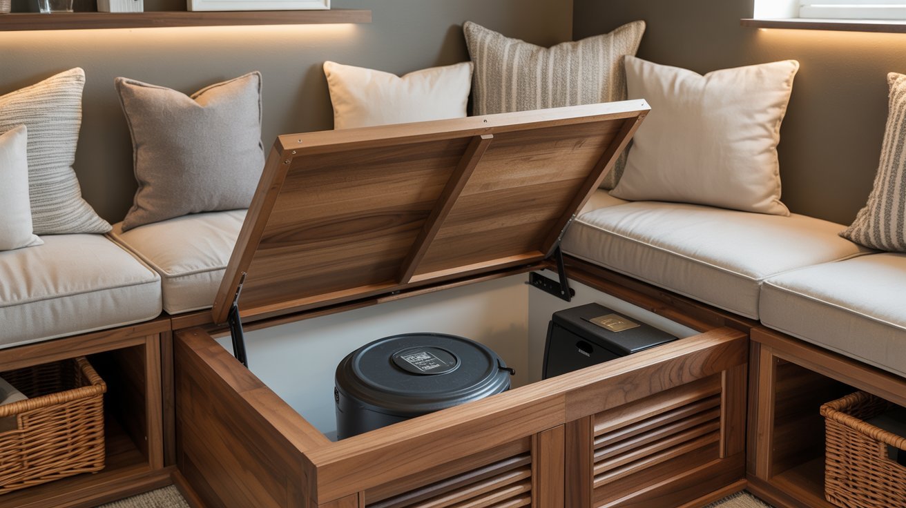 Lift-top bench seating hides basement sump pump while adding cozy storage in finished family room
