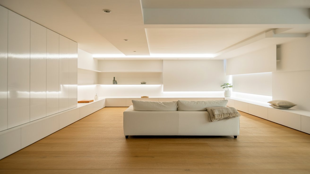 Bright minimalist white basement with hidden storage, simple furniture, and clean modern open layout