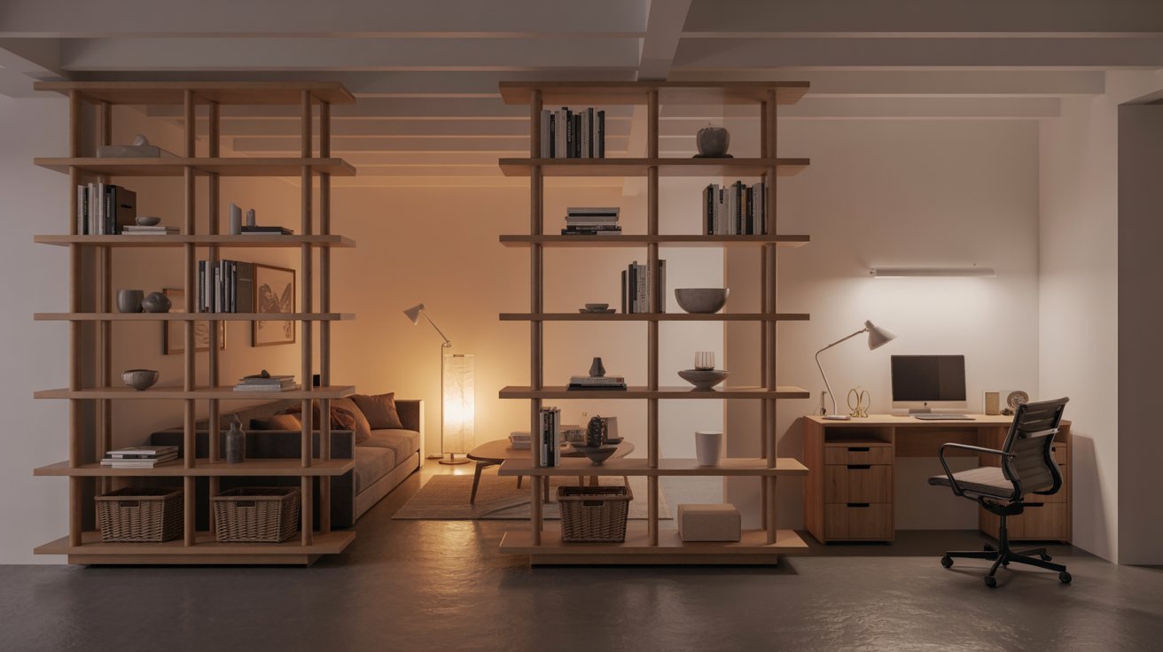 Basement with open shelving divider, organized storage, and affordable multifunctional modern interior design