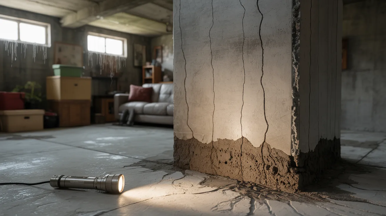 Finished basement with visible wall cracks, damp corners, and water stains during moisture inspection.