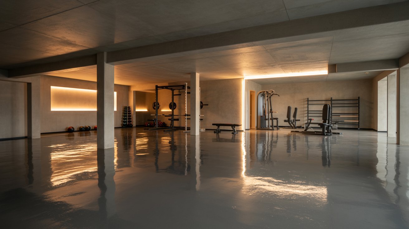 Basement with glossy epoxy floors, warm lighting, and affordable durable modern renovation design