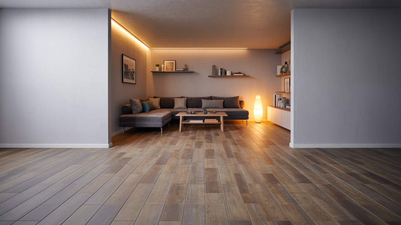 Basement with peel-and-stick flooring tiles, cozy furniture, and affordable DIY modern interior upgrade