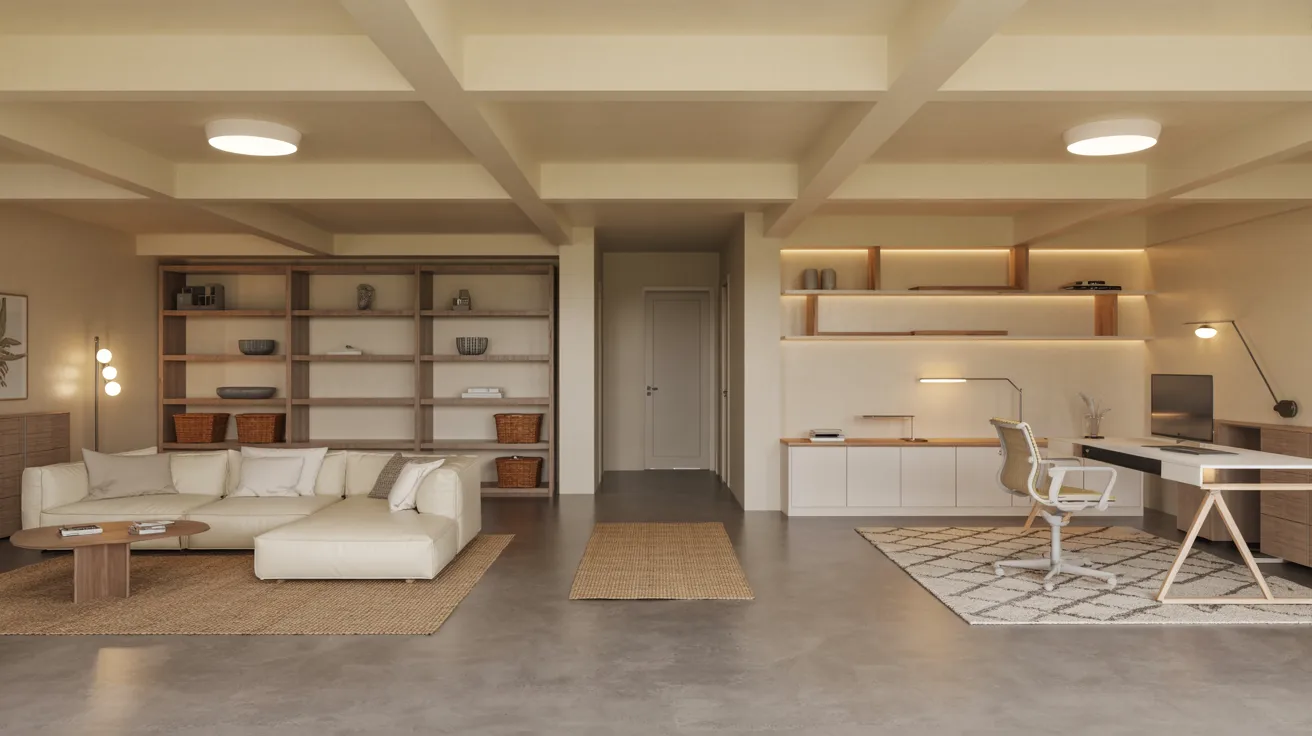 Realistic open basement layout with multiple functional zones using furniture and rugs for separation.