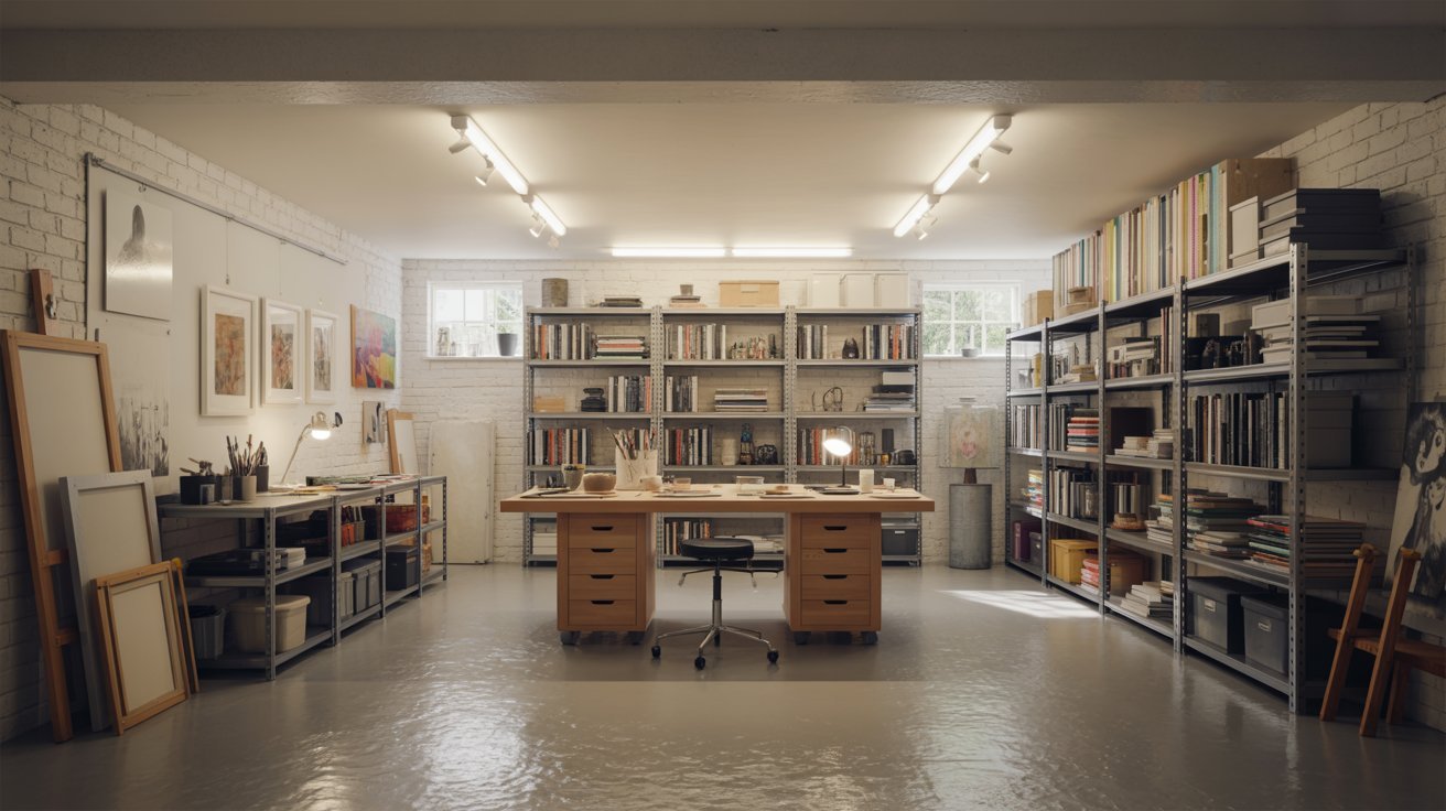 Creative basement art studio with large worktable, storage shelves, and bright inspiring workspace lighting