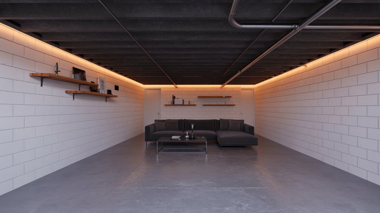 Basement with painted concrete walls, exposed ceiling, warm lighting, and affordable industrial-modern renovation design
