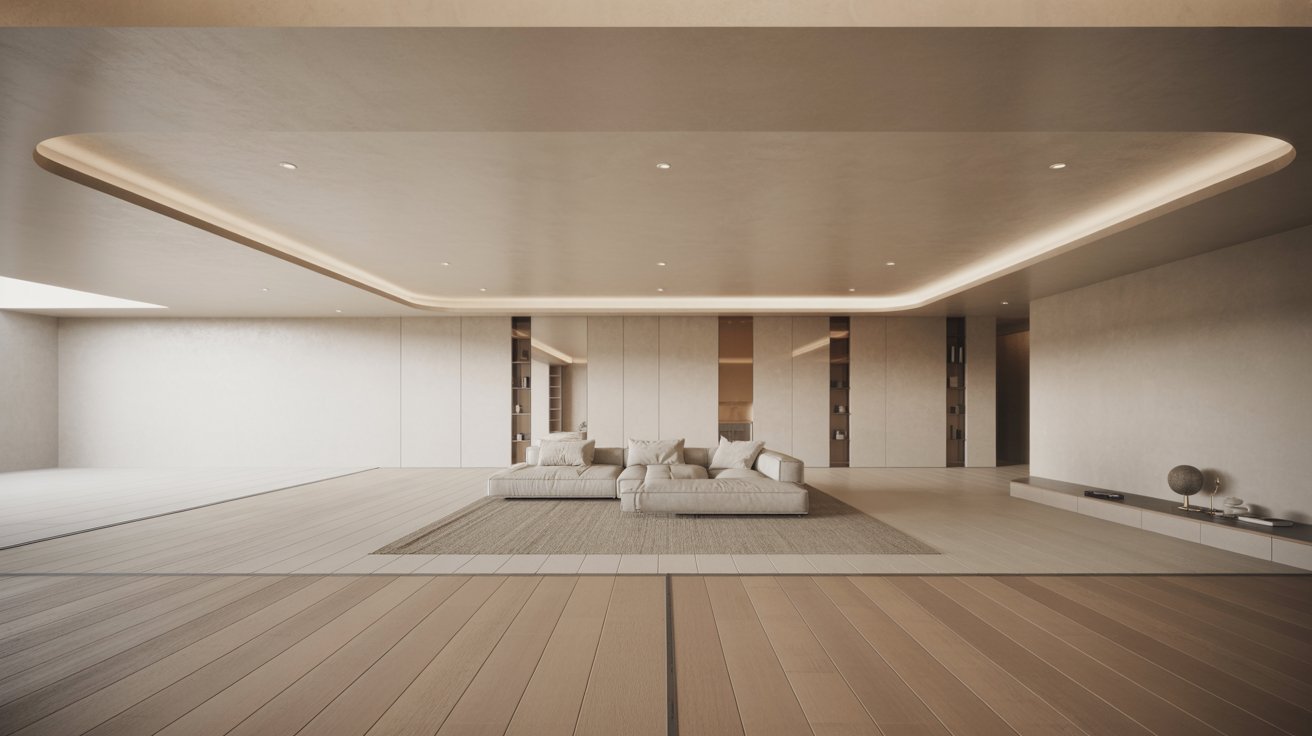 "Modern low ceiling basement with continuous seamless flooring and minimalist design creating an open spacious and visually unified interior"