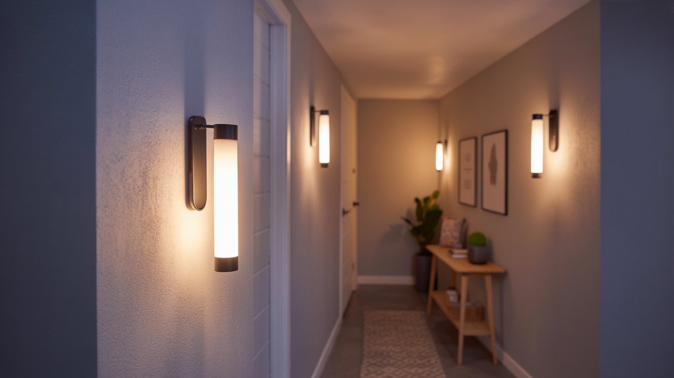 Basement with battery-operated wall sconces, warm lighting, and affordable stylish interior decor