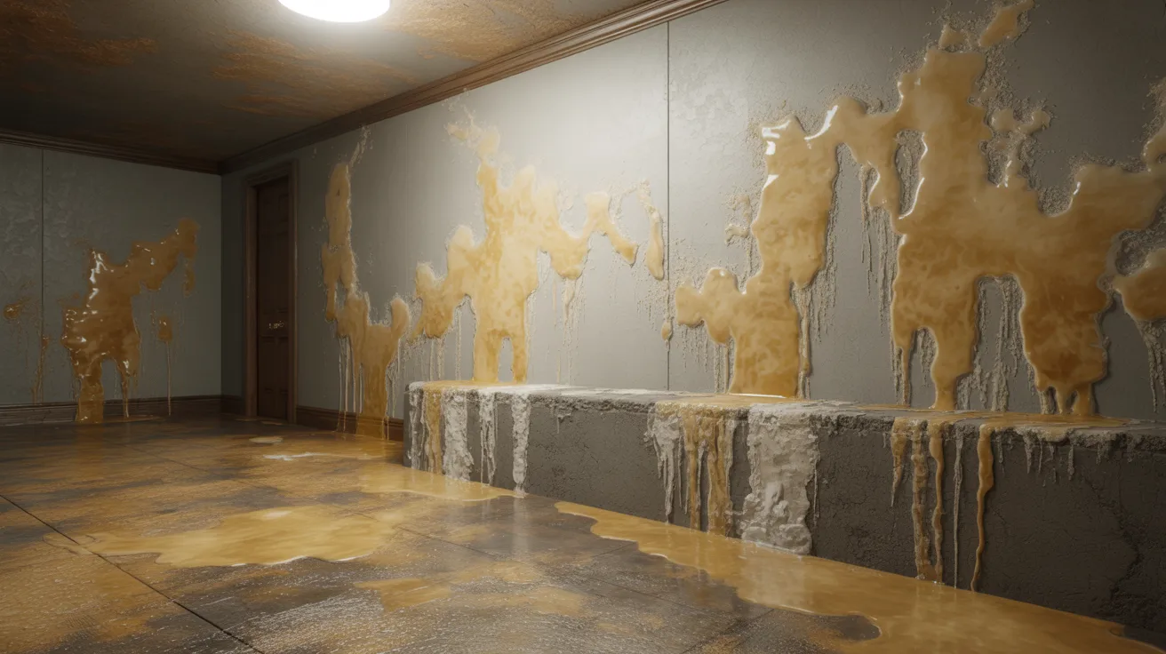 Water stains and white mineral deposits visible on basement walls and floors.