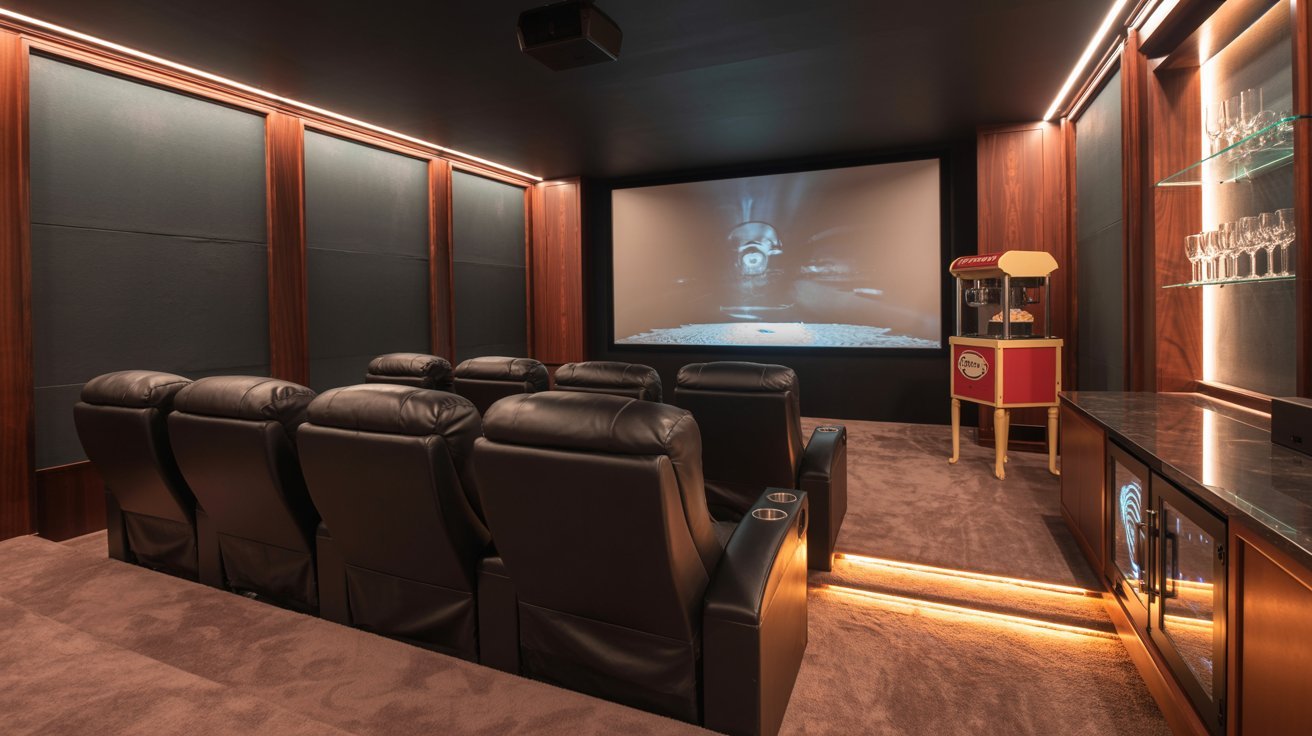 Cinematic basement with recliner seating, dark walls, projector screen, and luxury movie theater atmosphere