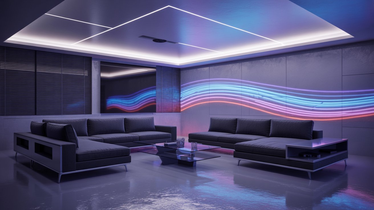 "Futuristic basement with smart LED lighting, automated features, and sleek contemporary entertainment design."