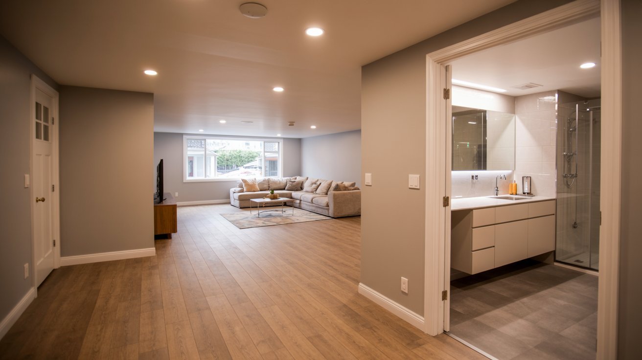 "Finished modern basement with bathroom living space showing upscale renovation highlighting increased home value and ROI from basement finishing project"
