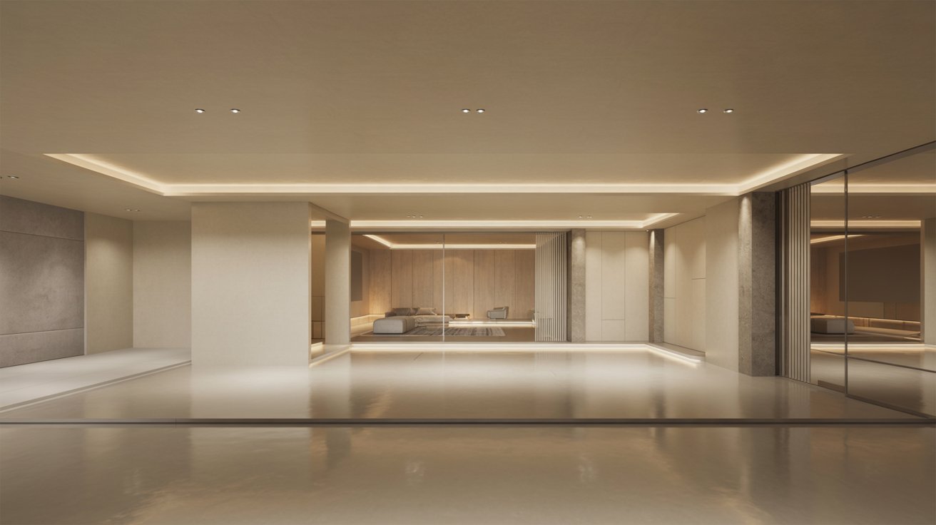 "Bright modern low ceiling basement interior using lighting, mirrors, and vertical design elements to create the illusion of a taller more spacious room"