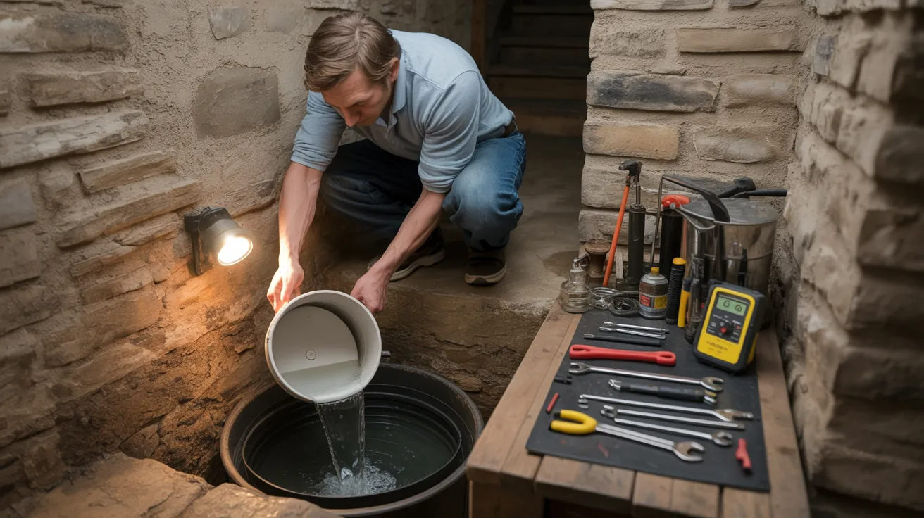Homeowner performing long-term maintenance checks on sump pump and stone basement waterproofing system.