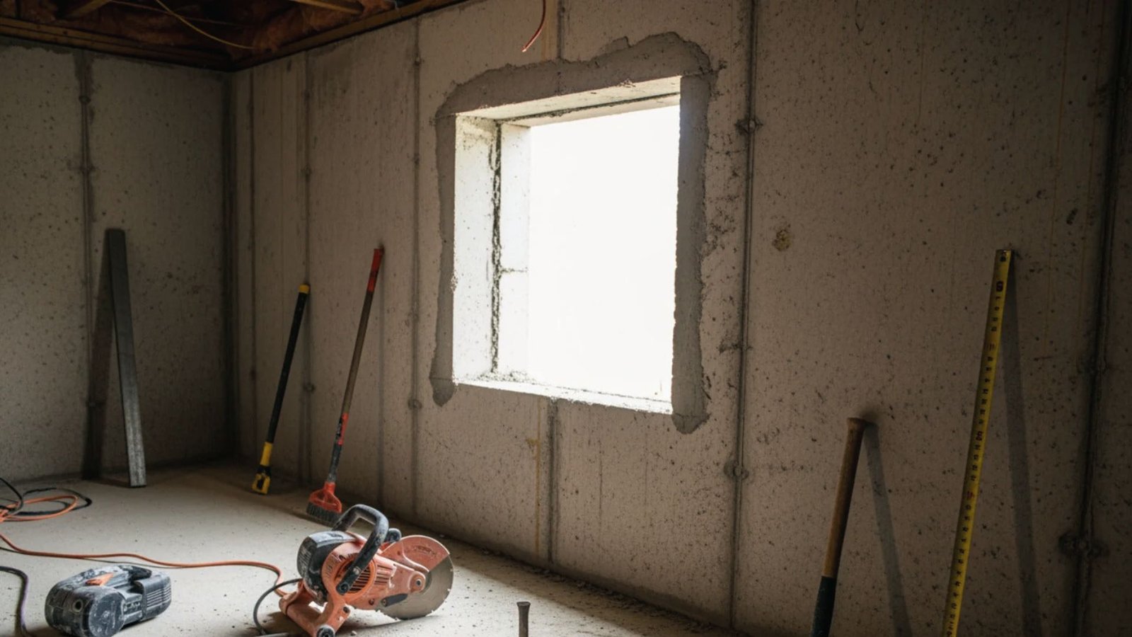 Empty concrete basement with cut window opening and tools ready to install new basement window.