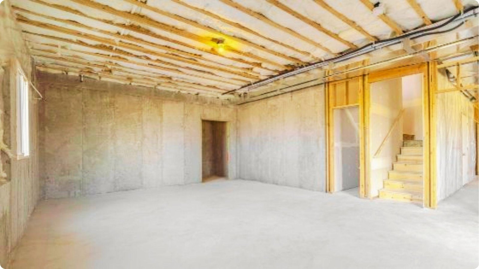 Unfinished basement with exposed concrete walls, open ceiling joists, and bare concrete floor.
