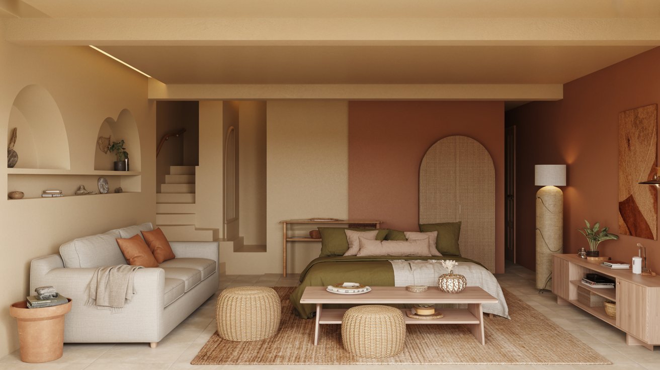Warm earth-tone basement with beige, terracotta, olive accents, and layered natural textures