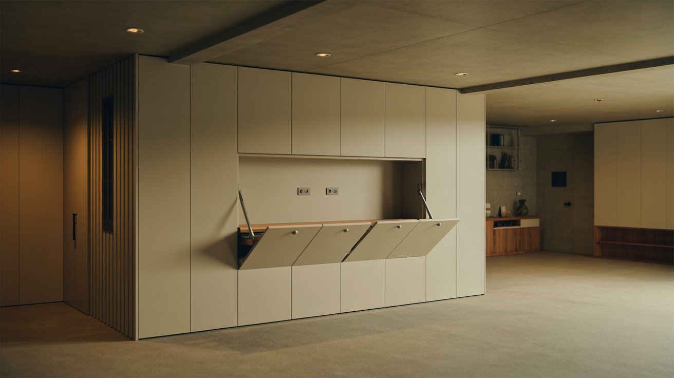 "Wall-mounted foldable basement bar unit closed, blending into a modern multi-purpose basement with clean minimalist design and open floor space"