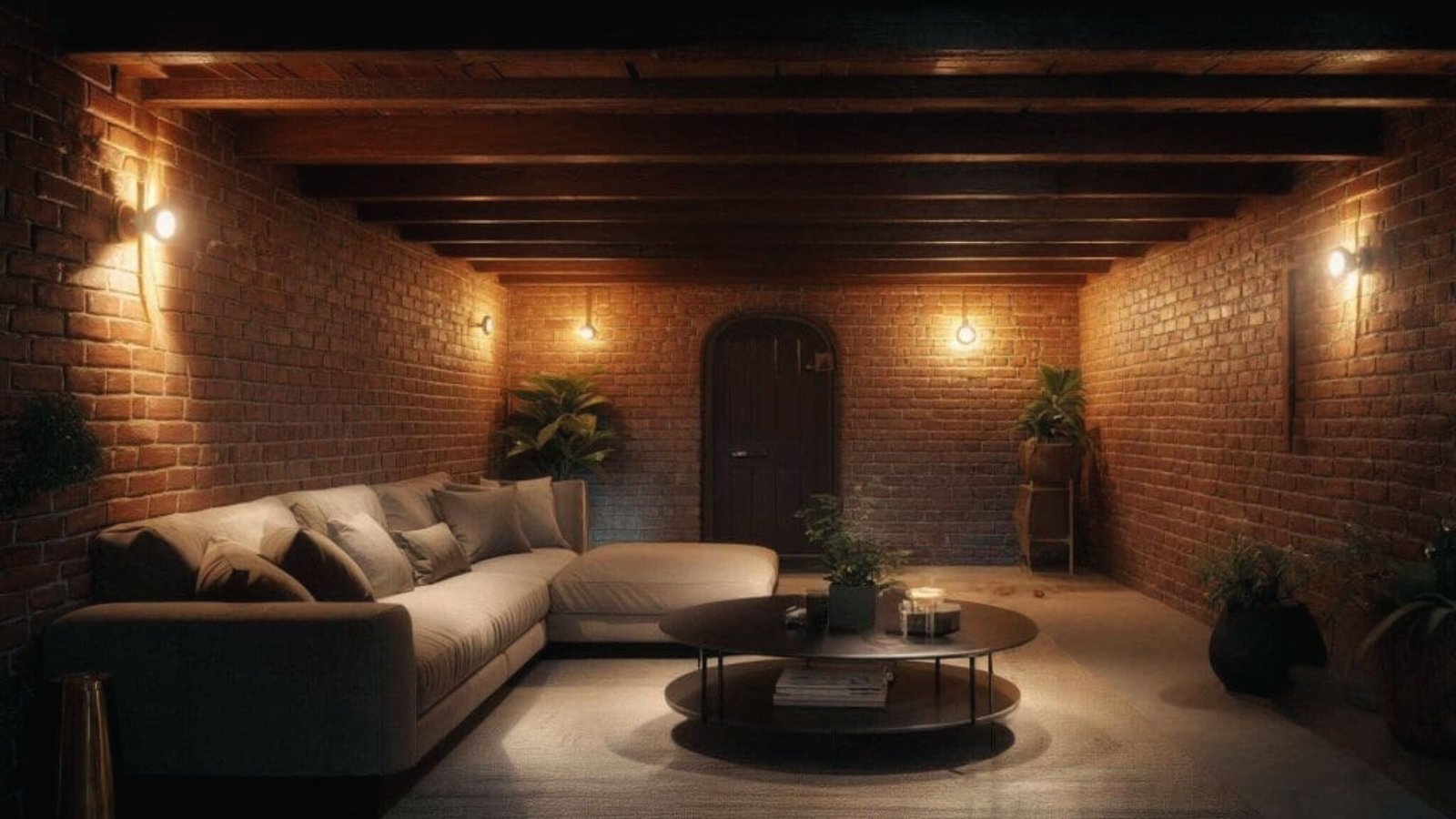 Cozy brick basement lounge with sectional hides pump access under a lift-top coffee table.